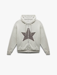 Yıldız Baskılı Şardonlu Kapüşonlu Kanguru Cepli Oversize Fermuarlı Sweatshirt