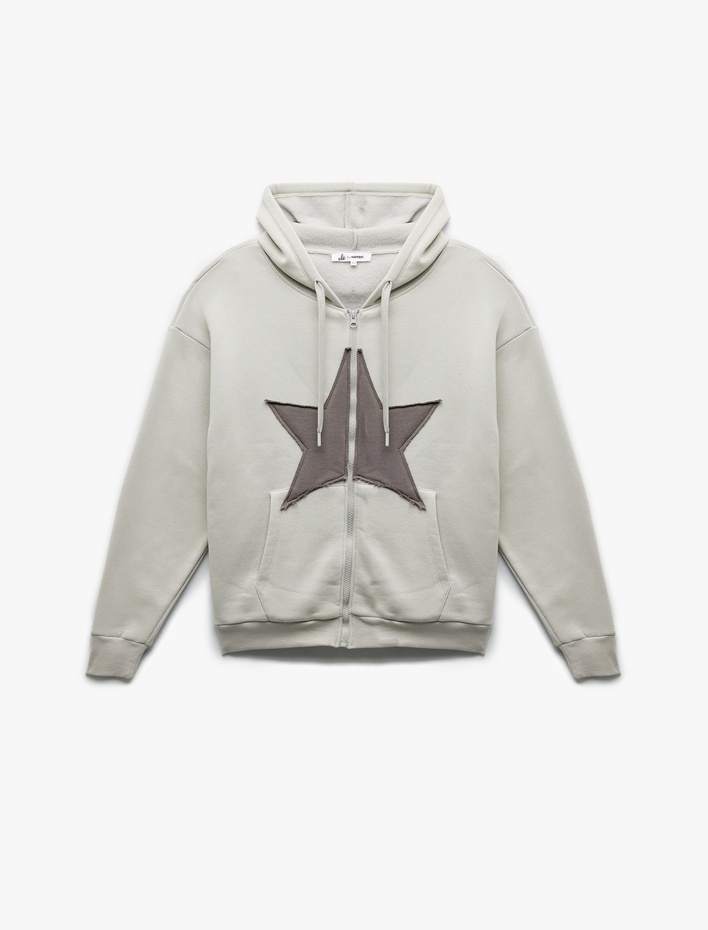  Yıldız Baskılı Şardonlu Kapüşonlu Kanguru Cepli Oversize Fermuarlı Sweatshirt