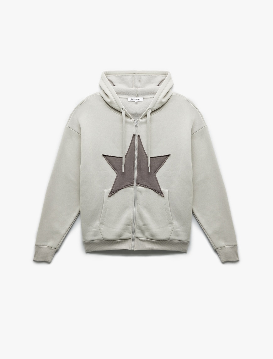   Yıldız Baskılı Şardonlu Kapüşonlu Kanguru Cepli Oversize Fermuarlı Sweatshirt