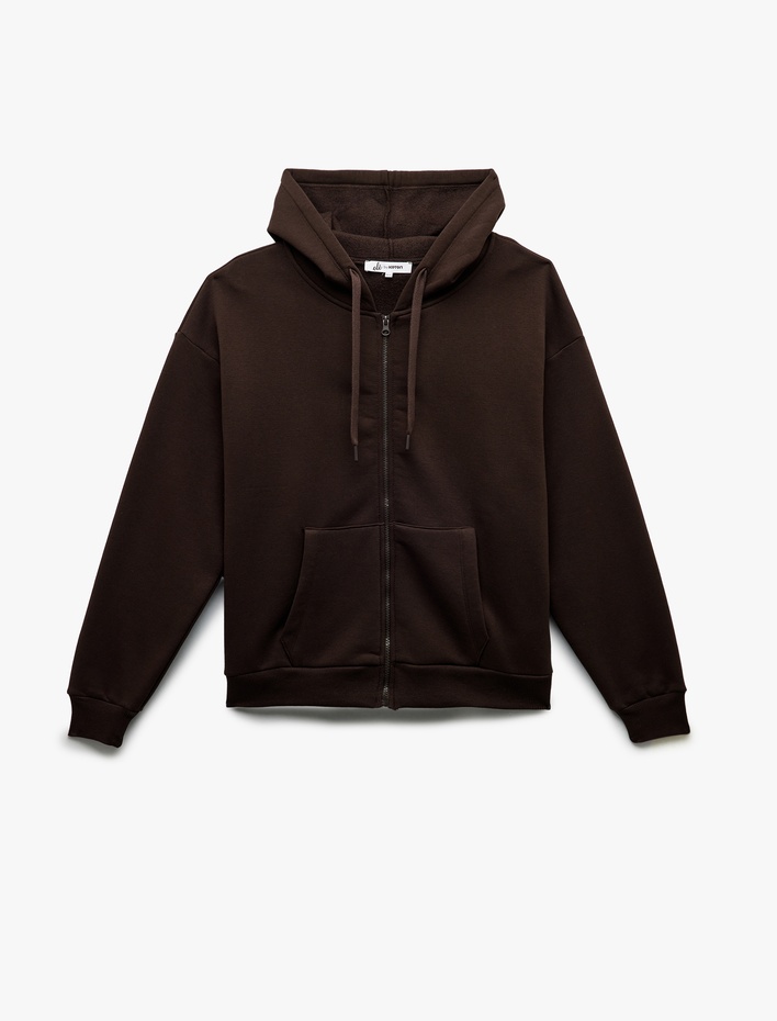  Şardonlu Uzun Kollu Kapüşonlu Kanguru Cepli Oversize Fermuarlı Sweatshirt