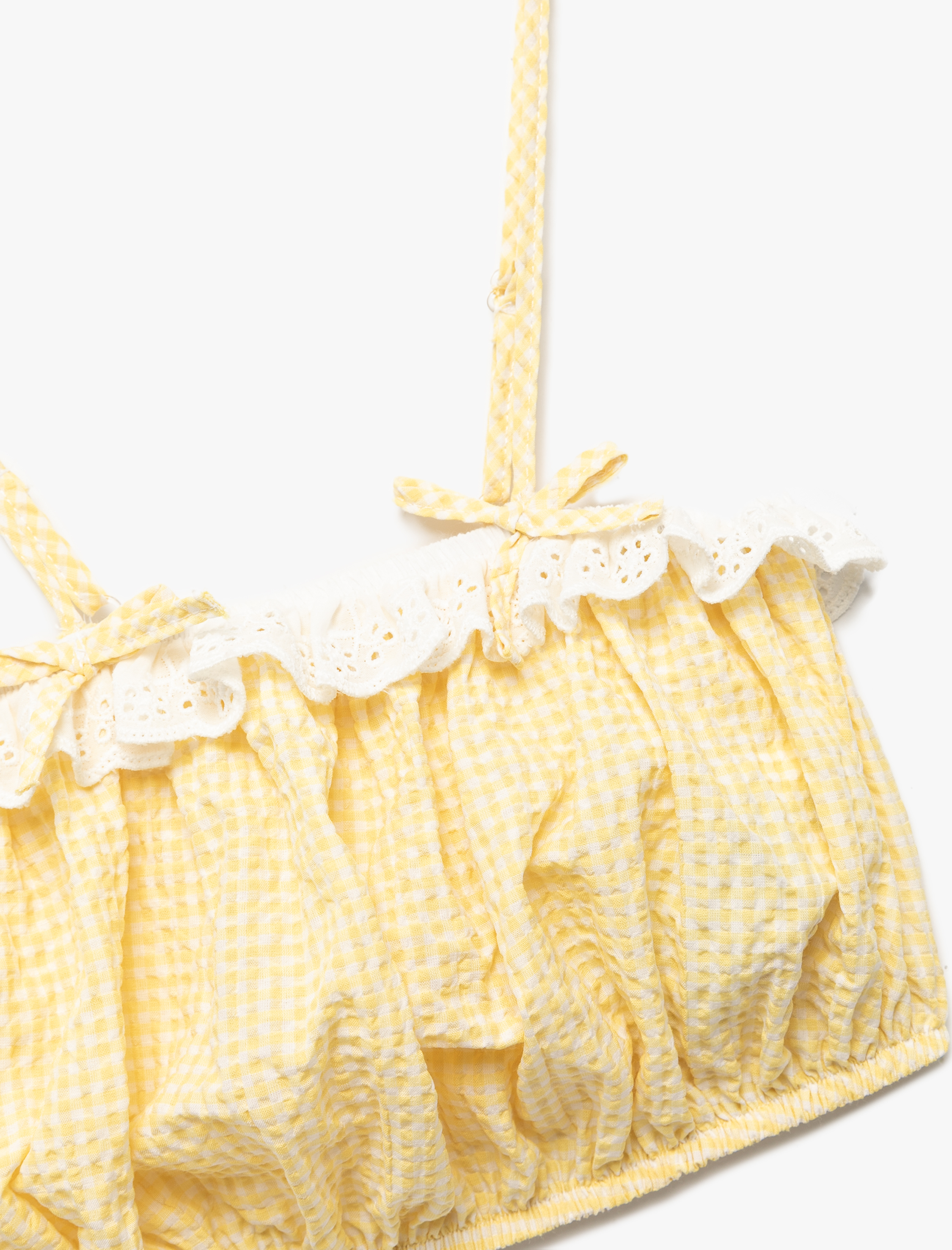  Kız Çocuk Bol Kalıp Dantel Detaylı Fiyonklu İnce Askılı Pötikareli Crop Bluz