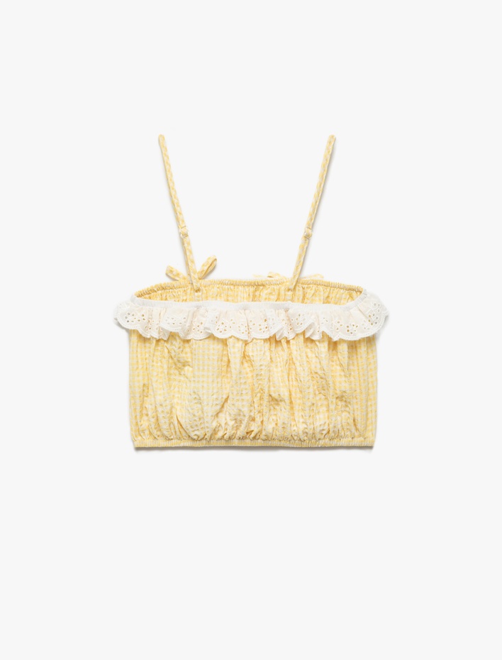 Kız Çocuk Bol Kalıp Dantel Detaylı Fiyonklu İnce Askılı Pötikareli Crop Bluz