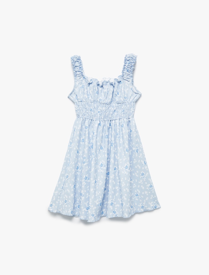 Kız Çocuk Bürümcük Kumaş Dokulu A Kesim Diz Üstü Fırfırlı Askılı Çiçekli Elbise