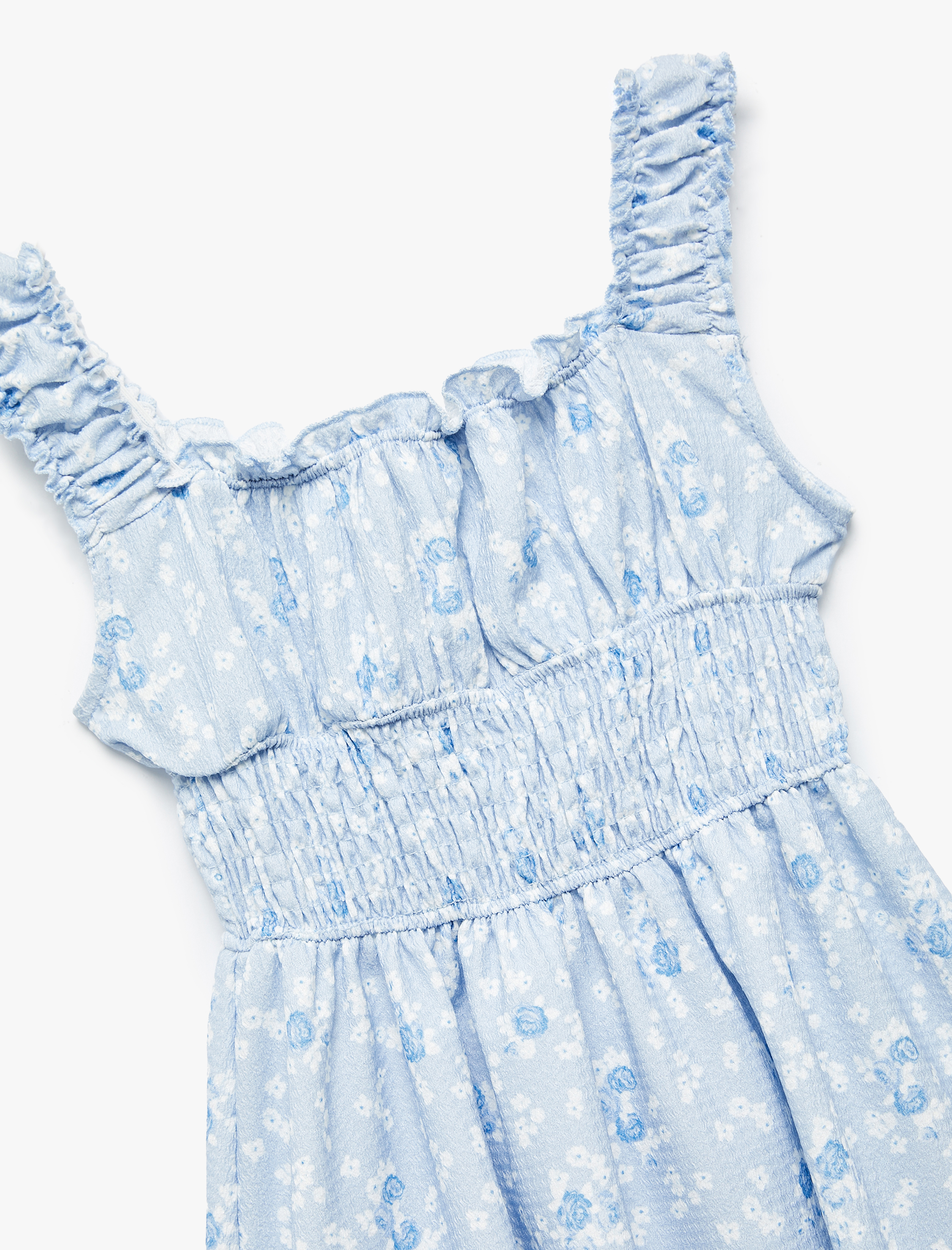  Kız Çocuk Bürümcük Kumaş Dokulu A Kesim Diz Üstü Fırfırlı Askılı Çiçekli Elbise