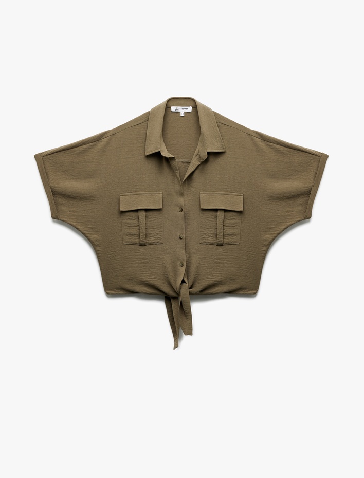  Kısa Kollu Klasik Yaka Bağlama Detaylı Cepli Crop Oversize Bluz