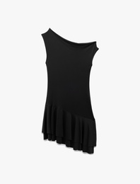 Slim Fit Asimetrik Açık Omuz Fırfırlı Mini Elbise