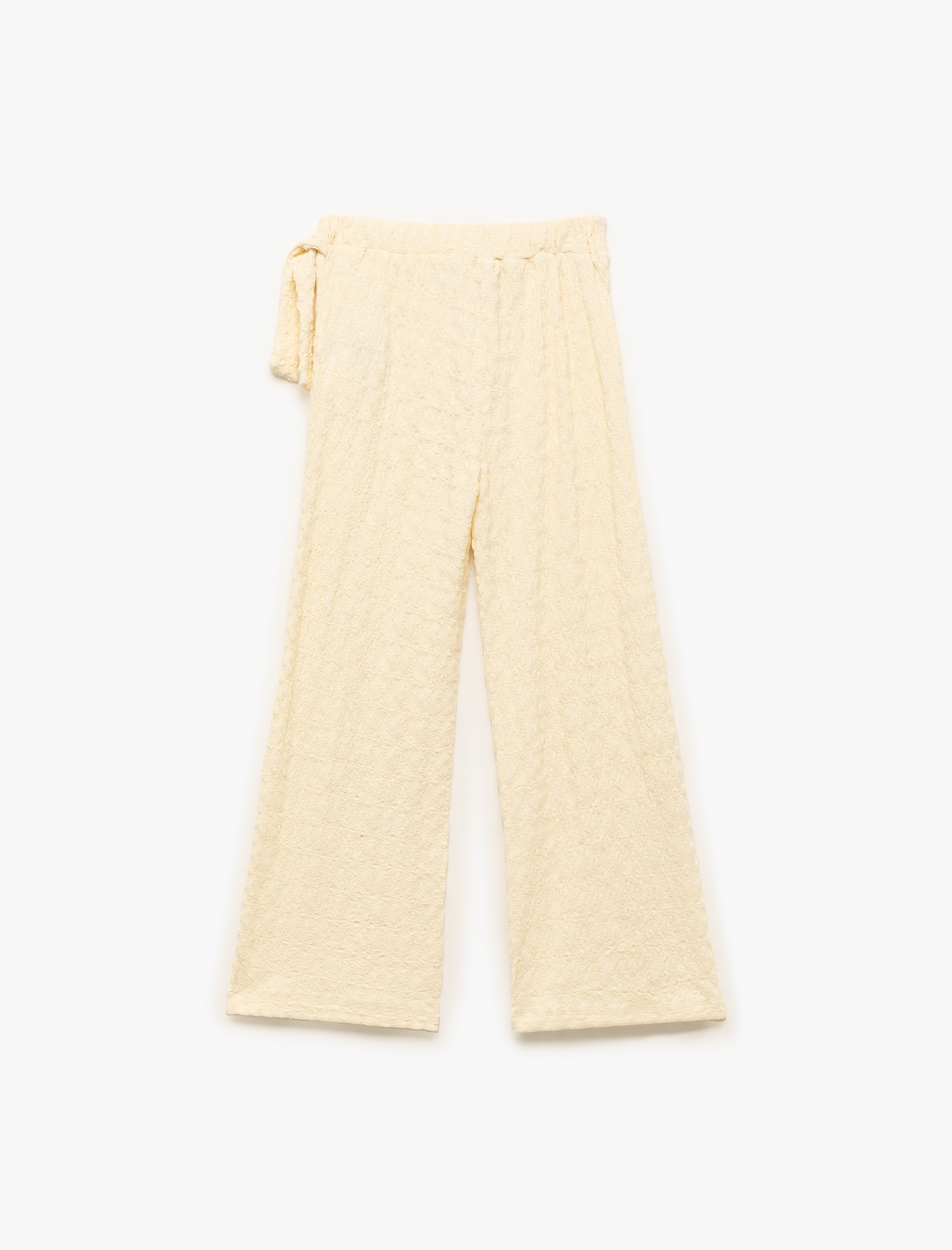  Kız Çocuk Yandan Bağlama Detaylı Dokulu Kruvaze Geniş Paça Pantolon