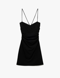 Viskon Keten Karışımlı Slim Fit Drapeli İnce Askılı Mini Elbise