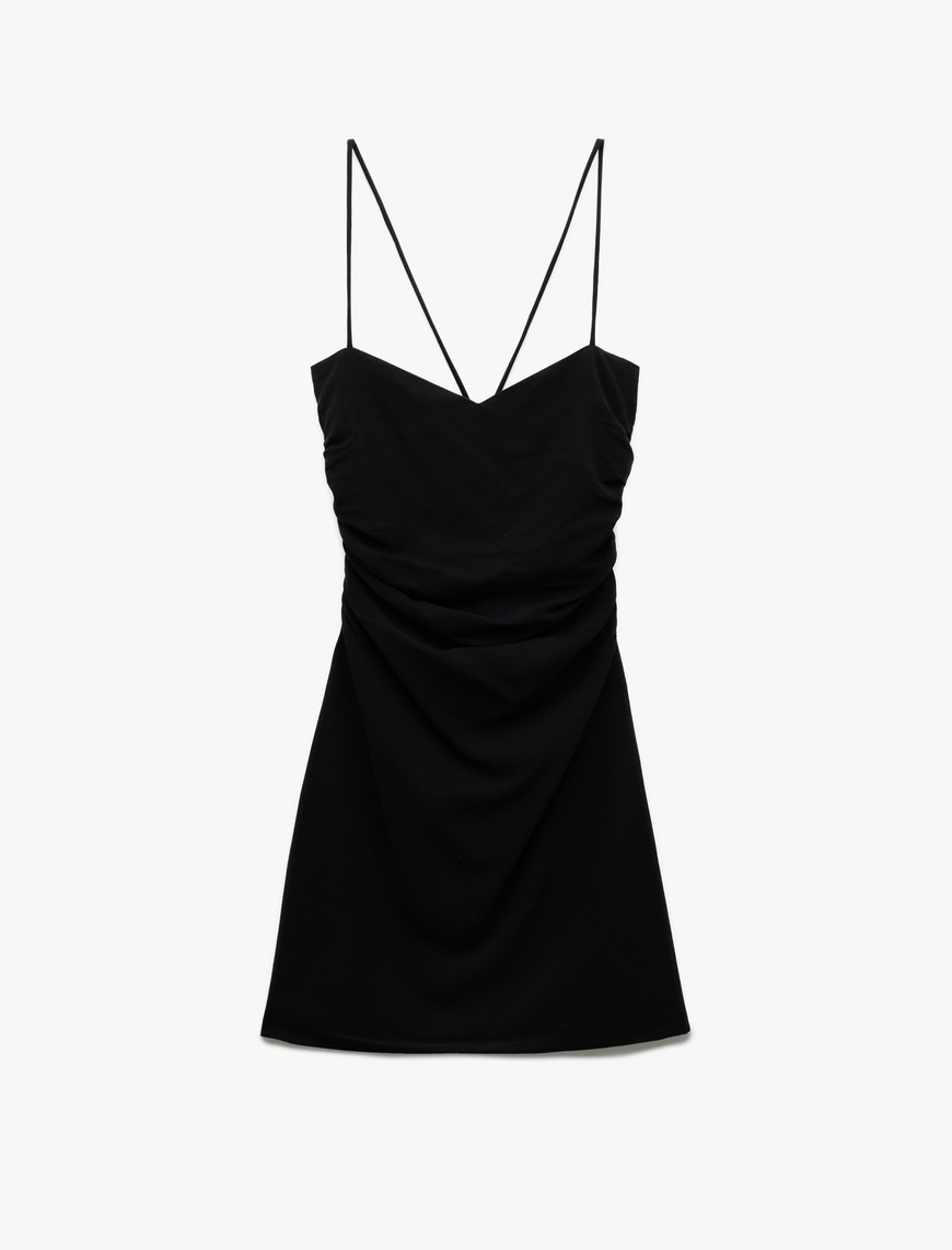   Viskon Keten Karışımlı Slim Fit Drapeli İnce Askılı Mini Elbise
