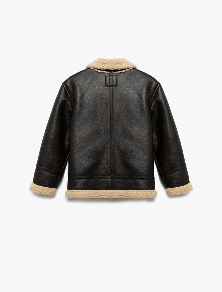 Kız Çocuk İçi Peluş Astarlı Fermuarlı Uzun Kollu Biker Suni Deri Ceket