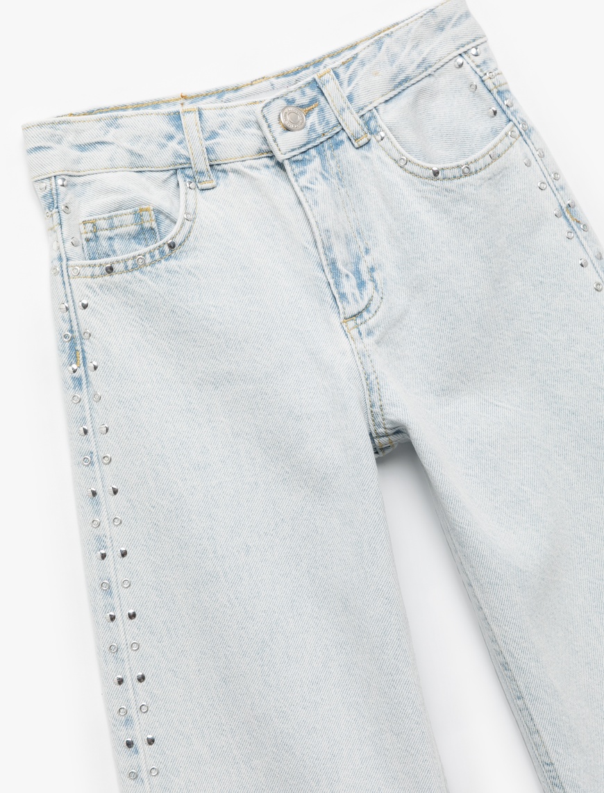  Kız Çocuk Pamuklu Zımba Detaylı Geniş Paça Denim Pantolon