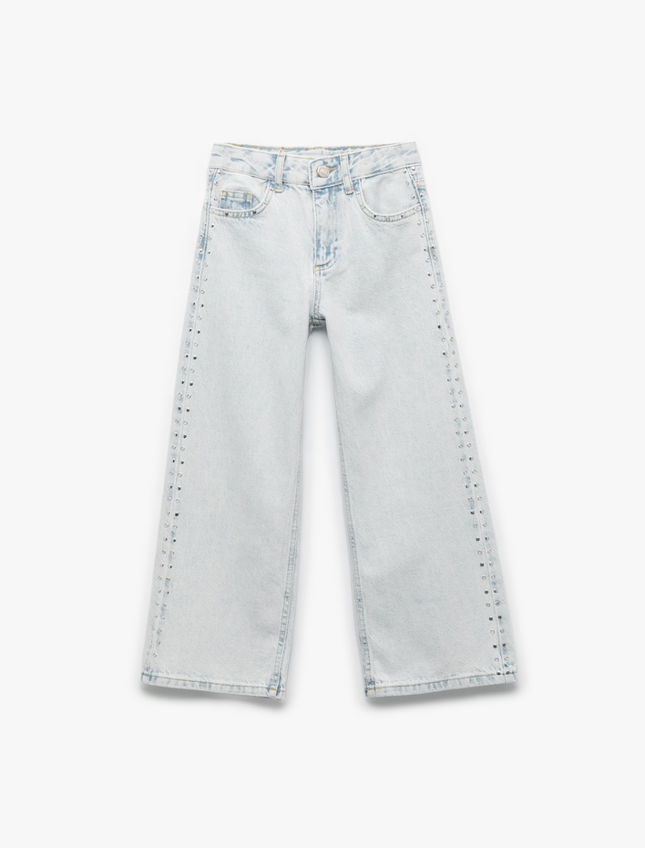 Kız Çocuk Pamuklu Zımba Detaylı Geniş Paça Denim Pantolon