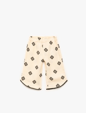 Beli Lastikli Pamuklu Desenli Bol Paça Pantolon
