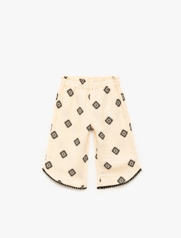 Beli Lastikli Pamuklu Desenli Bol Paça Pantolon_0