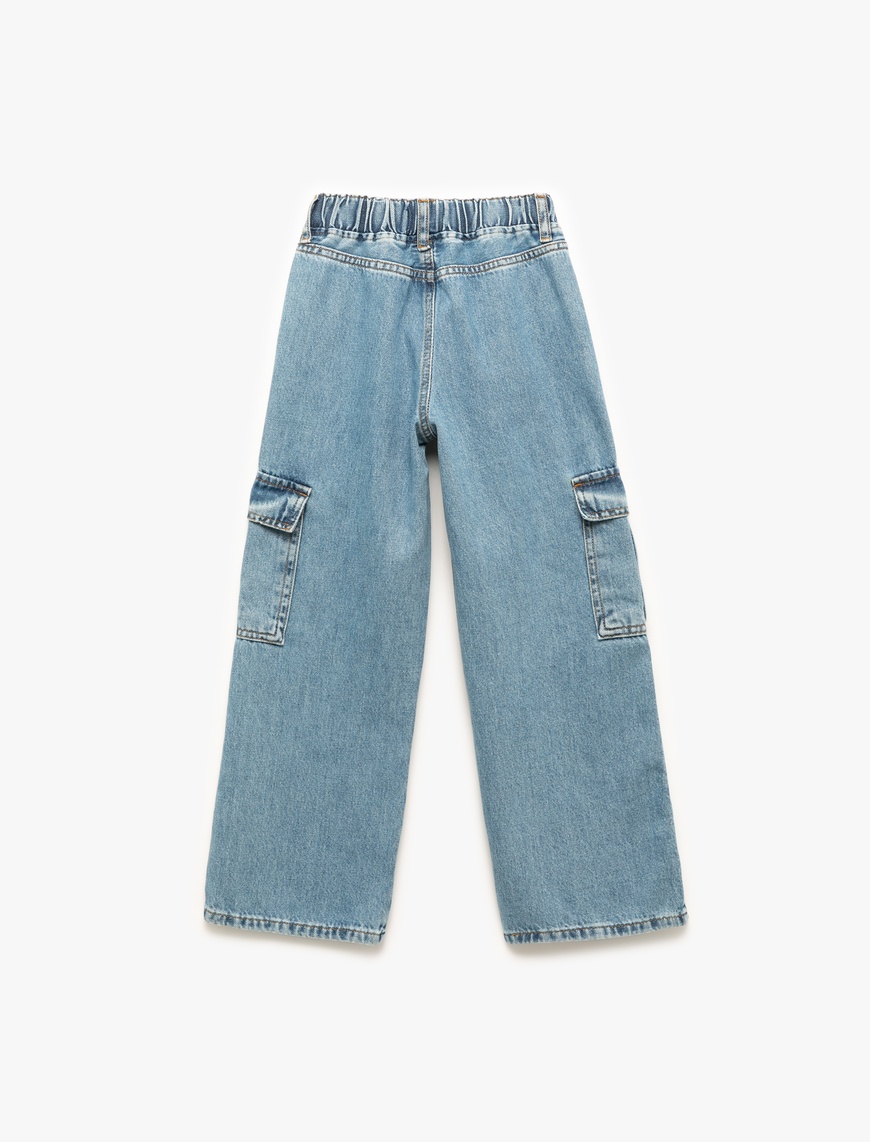  Kız Çocuk Pamuklu Cep Detaylı Geniş Paça Kargo Denim Pantolon