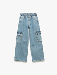 Pamuklu Cep Detaylı Geniş Paça Kargo Denim Pantolon
