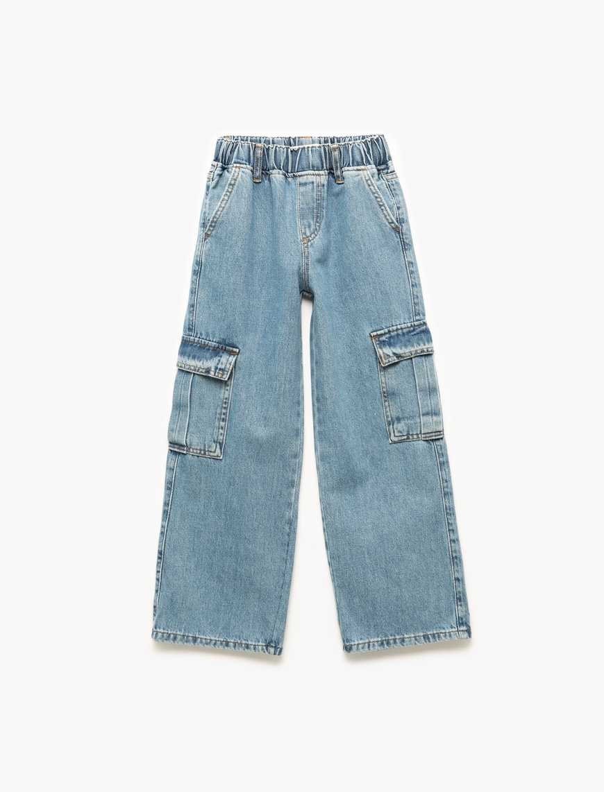  Kız Çocuk Pamuklu Cep Detaylı Geniş Paça Kargo Denim Pantolon