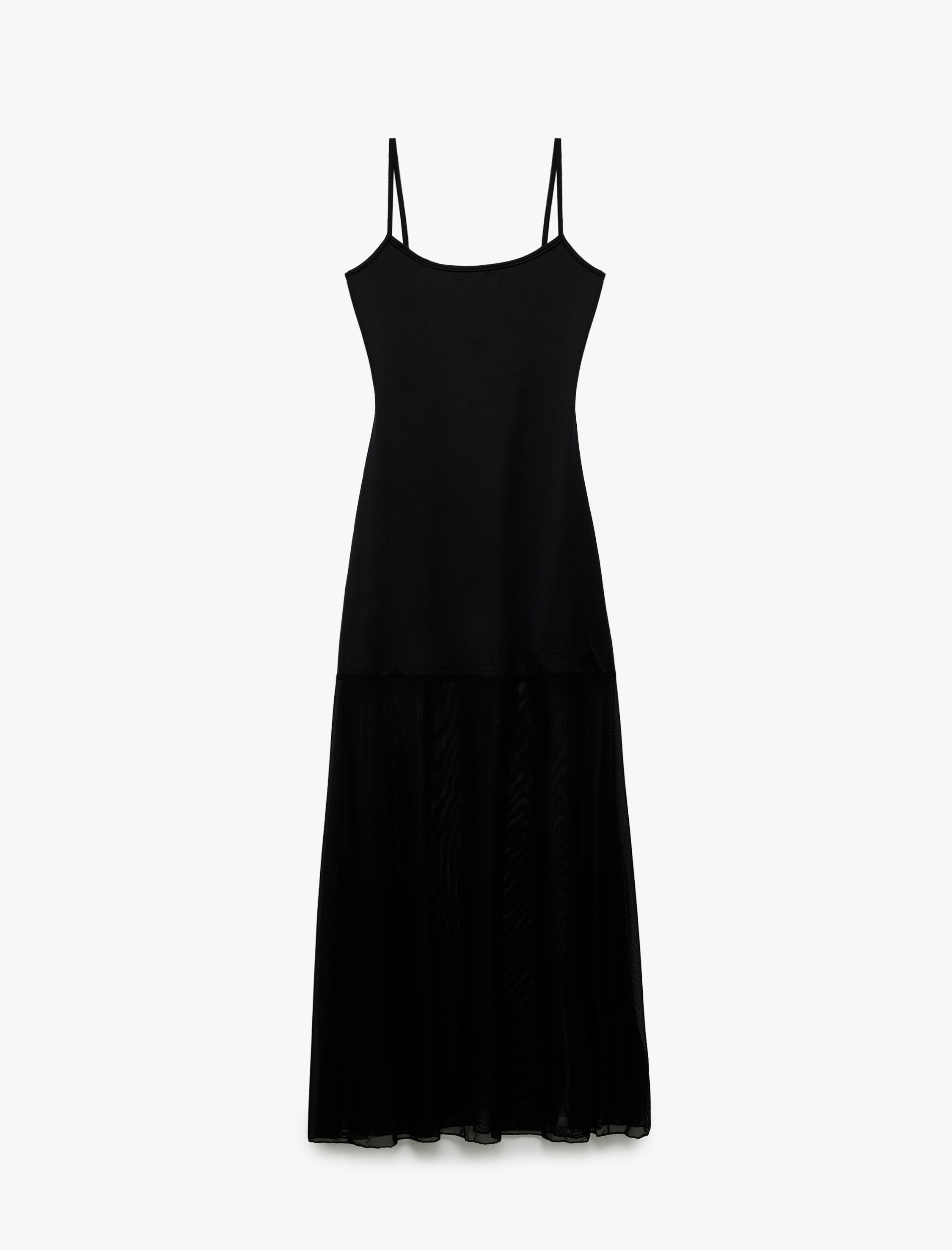   Kolsuz Etek Ucu Tül Detaylı İnce Askılı Uzun Penye Elbise