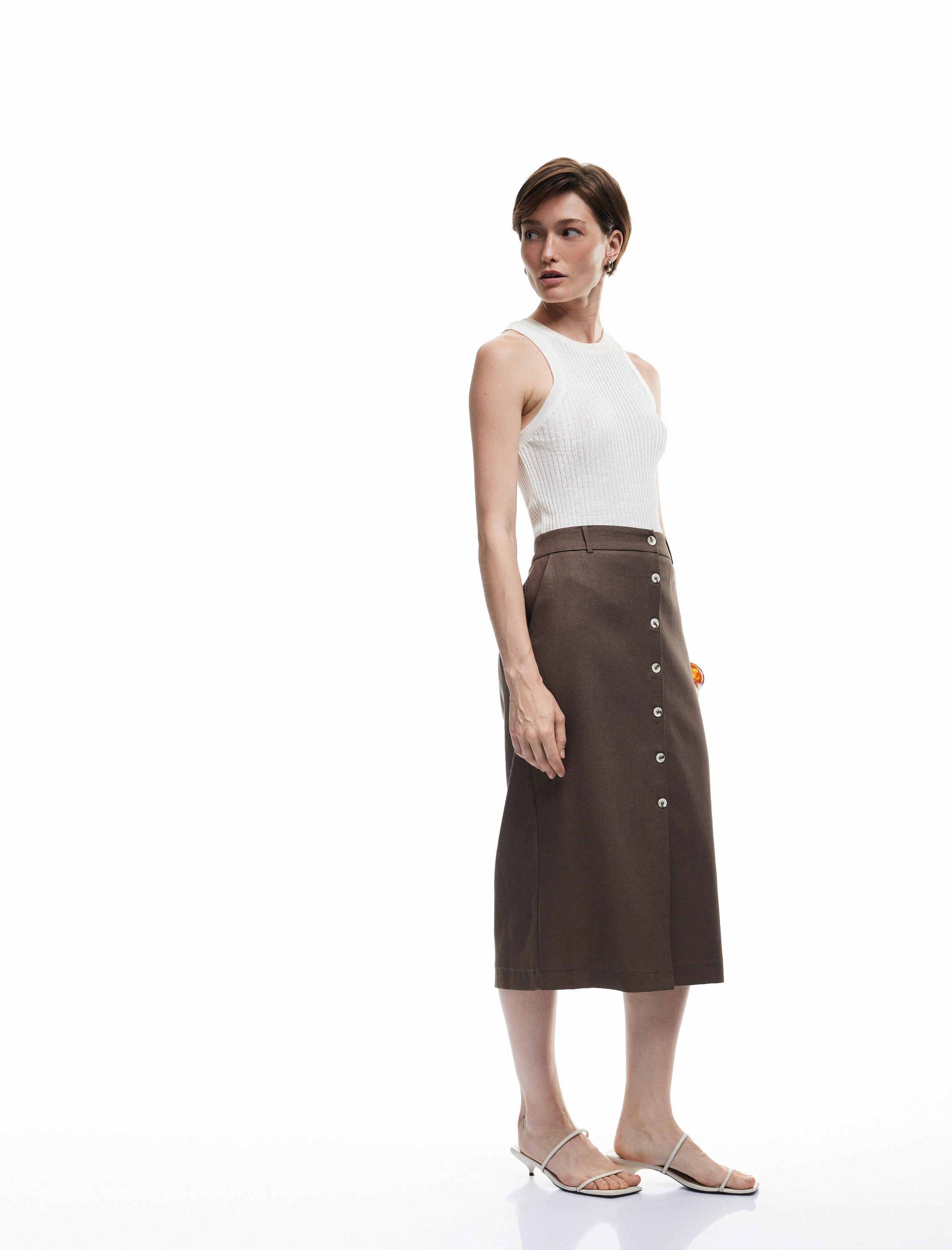   Düğmeli Cepli Midi Boy Keten Kalem Etek