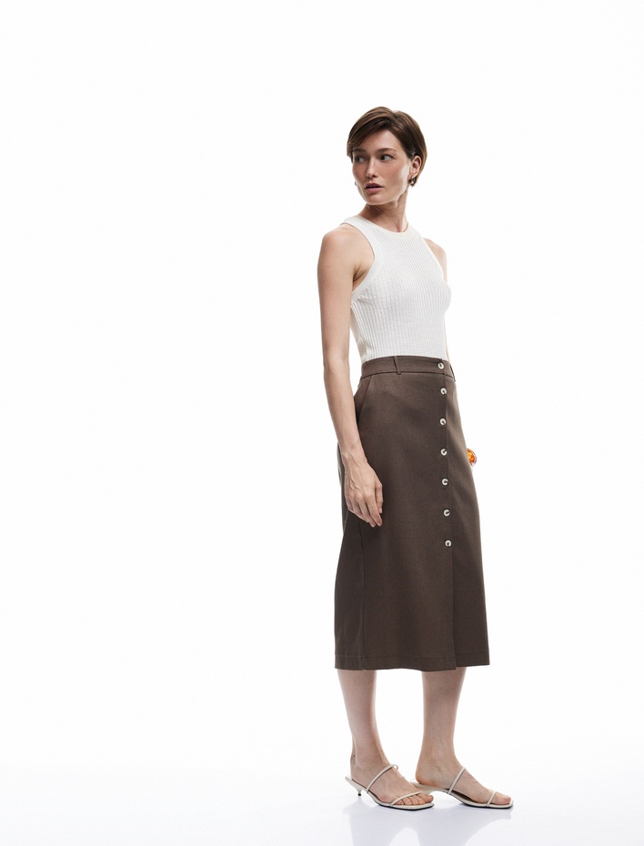  Düğmeli Cepli Midi Boy Keten Kalem Etek