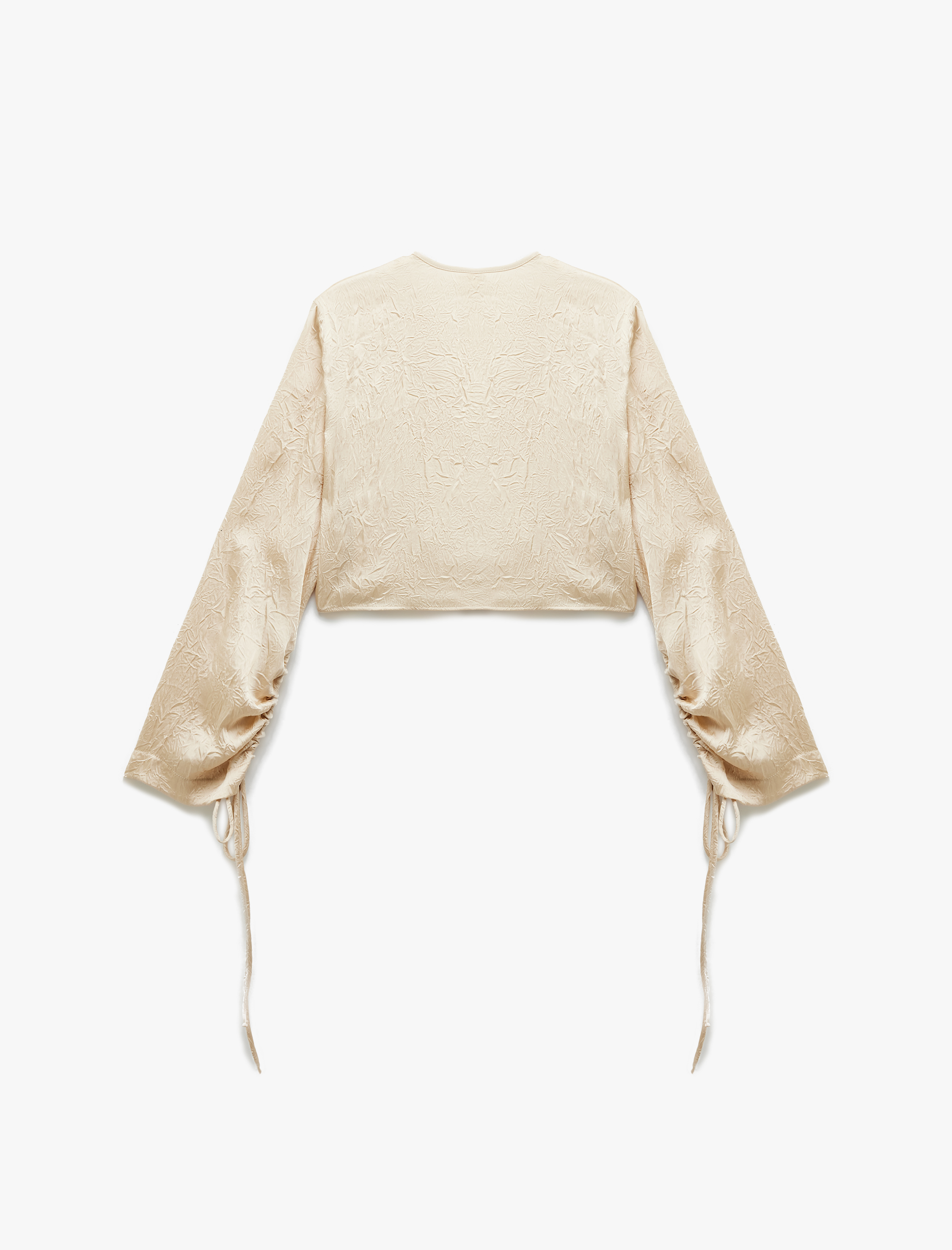   Bağlamalı Fiyonk Detaylı V Yaka Büzgülü Uzun Kollu Saten Crop Bluz