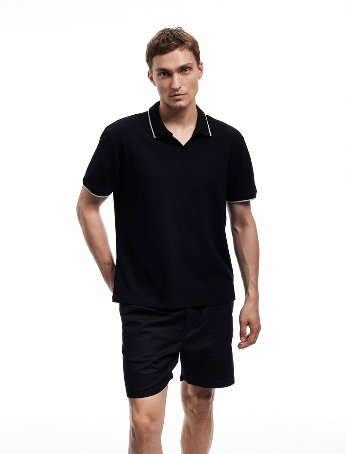  Kontrast Detaylı Pamuklu Pike Kumaş Kısa Kollu Slim Fit Polo Yaka Tişört
