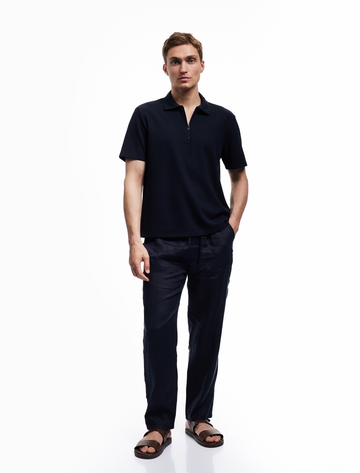  Kısa Kollu Waffle Dokulu Regular Fit Basic Yarım Fermuarlı Polo Yaka Tişört