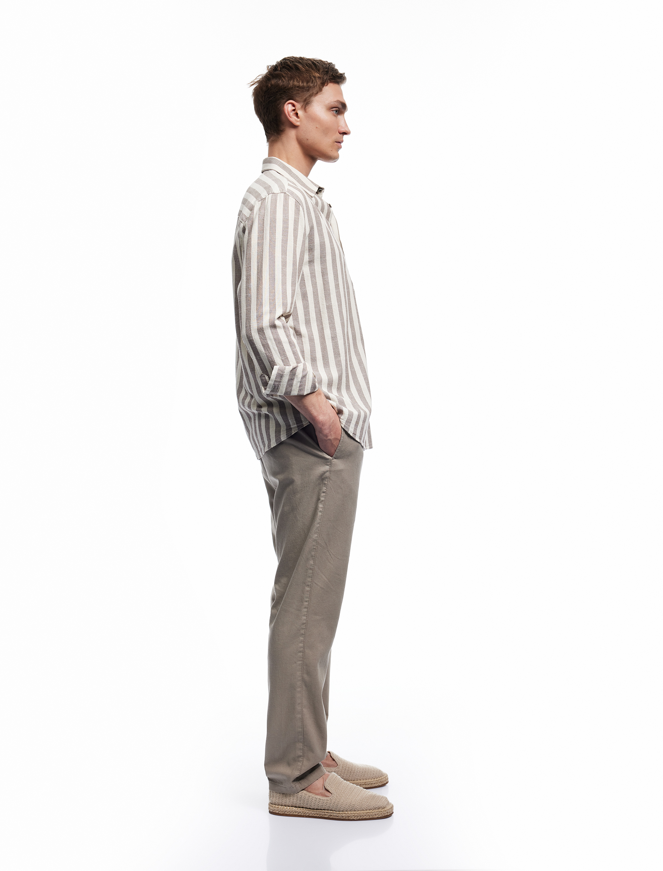   Cep Detaylı Düğmeli Pamuk Keten Karışımlı Chino Pantolon