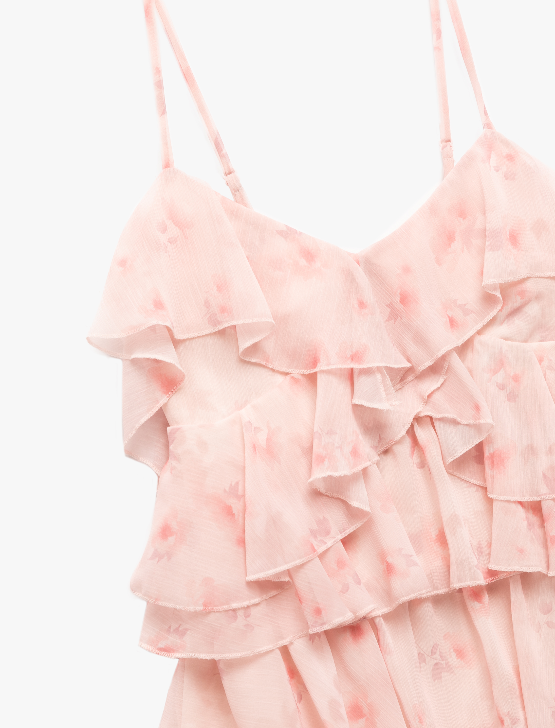   İp Askılı V Yaka Fırfırlı Katlı Mini Çiçekli Şifon Elbise