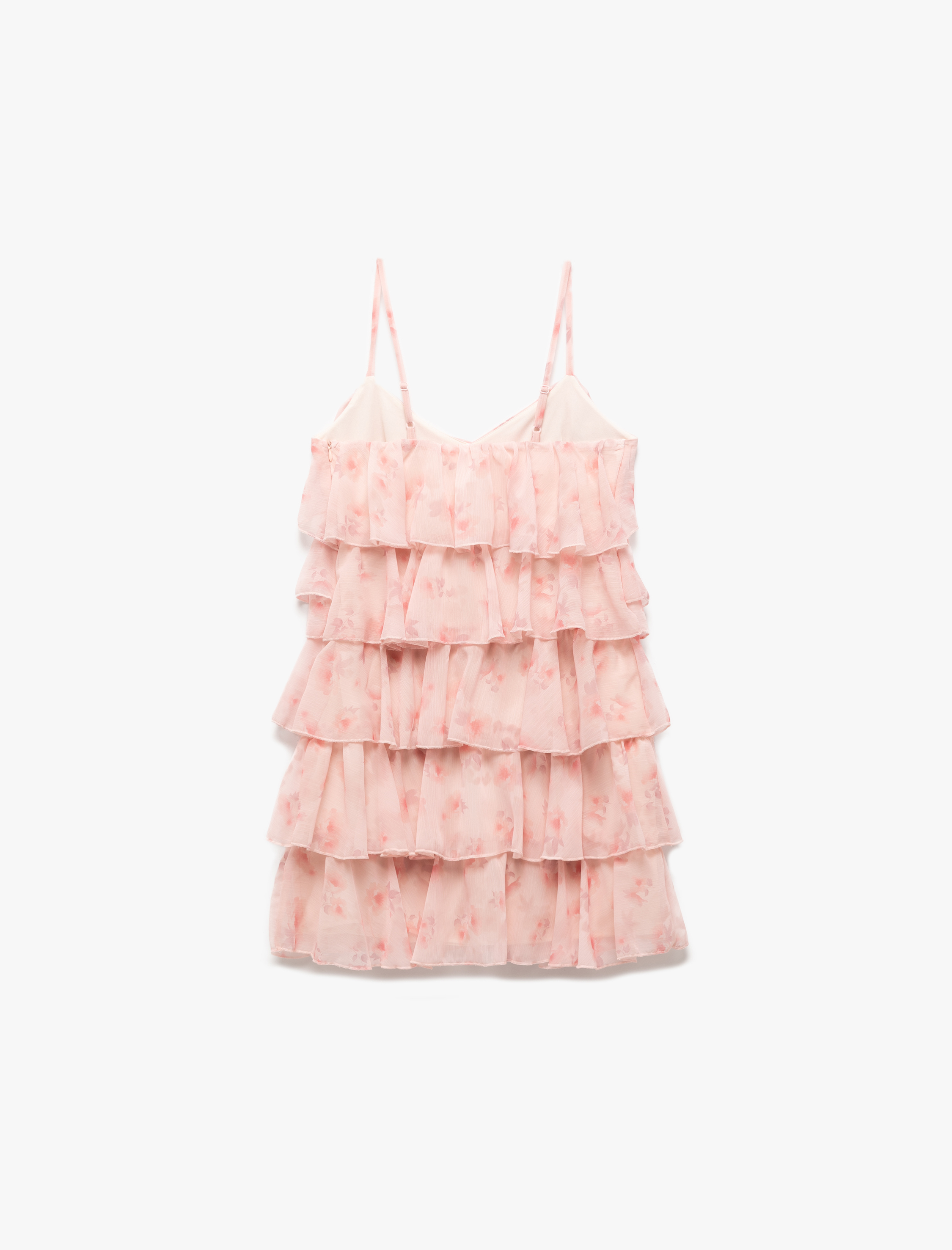   İp Askılı V Yaka Fırfırlı Katlı Mini Çiçekli Şifon Elbise