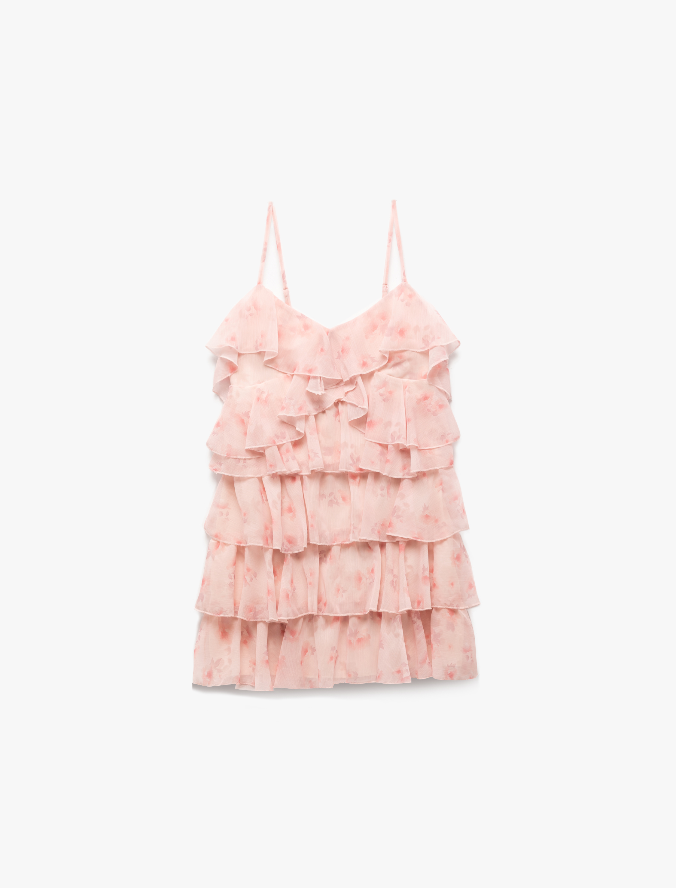   İp Askılı V Yaka Fırfırlı Katlı Mini Çiçekli Şifon Elbise