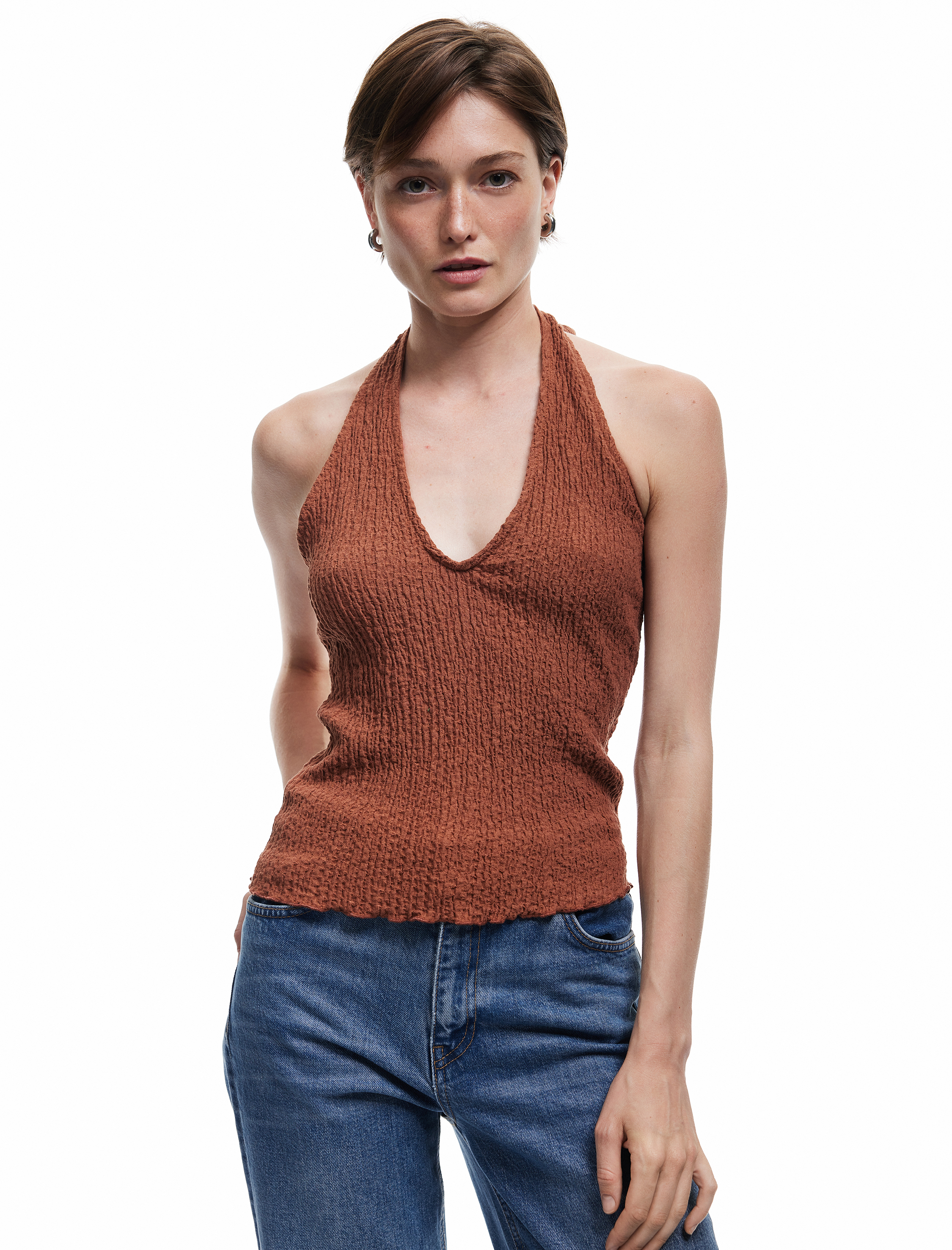   Bürümcük Kumaş Slim Fit Sırt Dekolteli Halter Yaka Üst