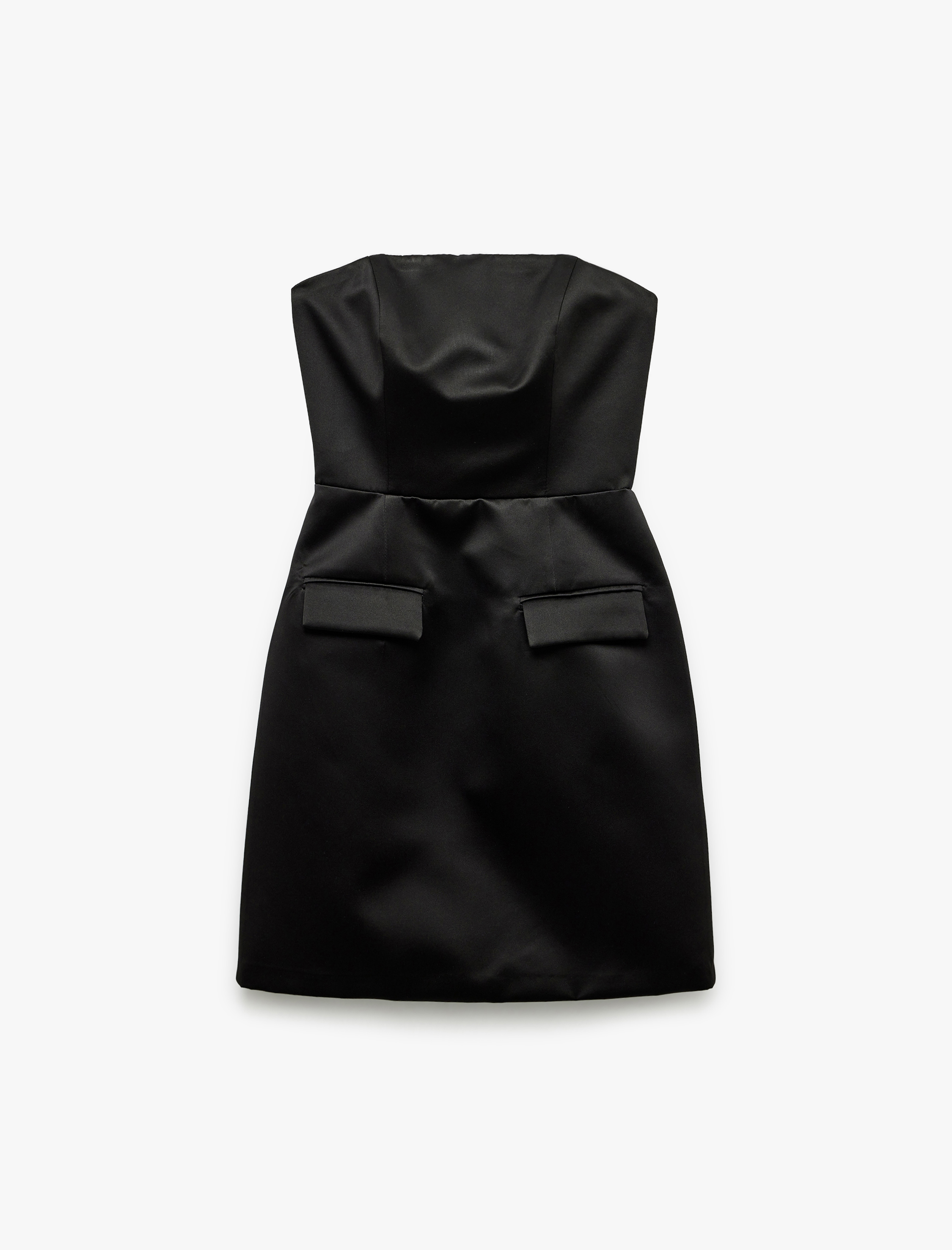   Straplez Yaka Cep Detaylı Saten Bodycon Kolsuz Dar Kesim Mini Abiye Elbise