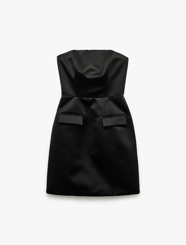 Straplez Yaka Cep Detaylı Saten Bodycon Kolsuz Dar Kesim Mini Abiye Elbise_2