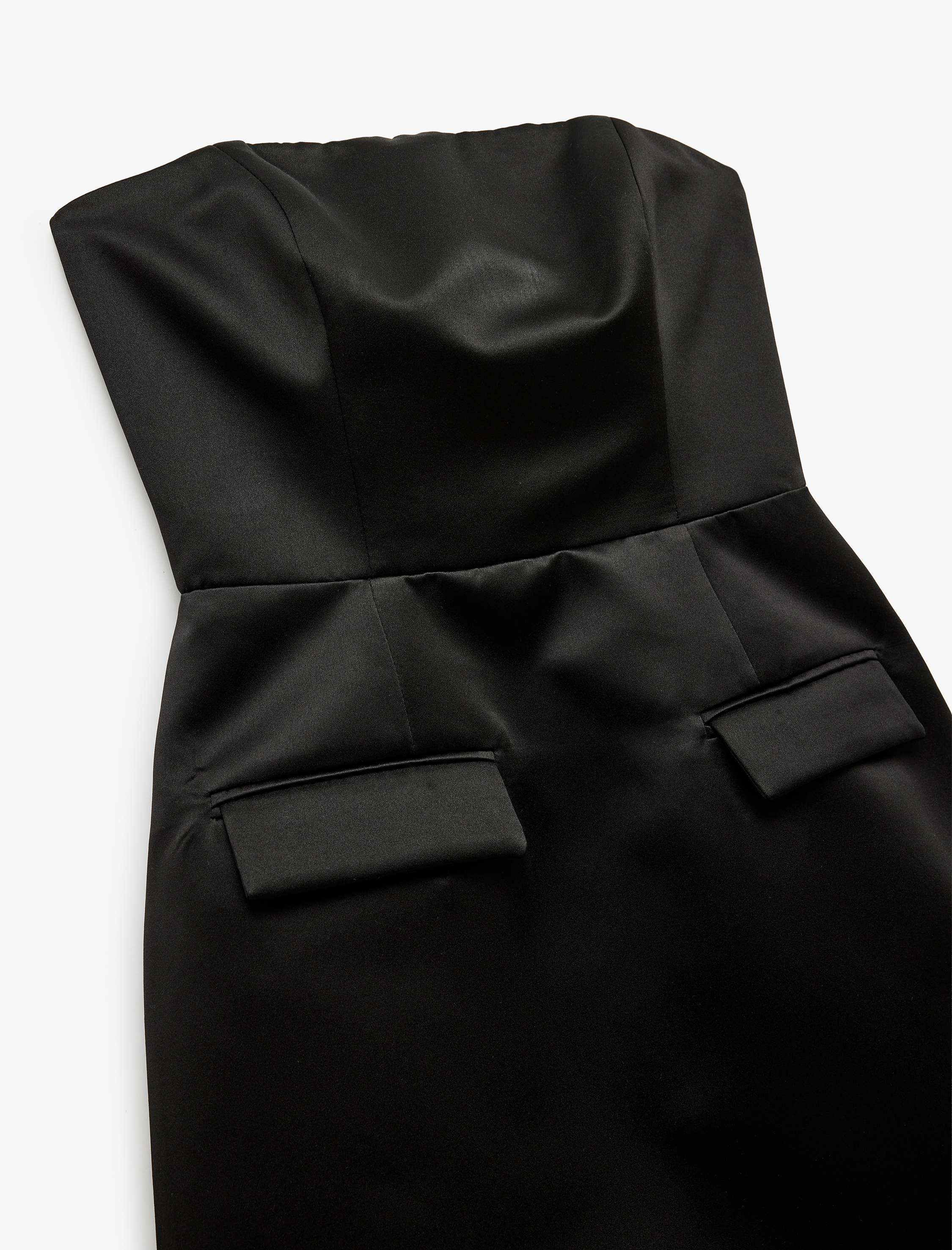   Straplez Yaka Cep Detaylı Saten Bodycon Kolsuz Dar Kesim Mini Abiye Elbise