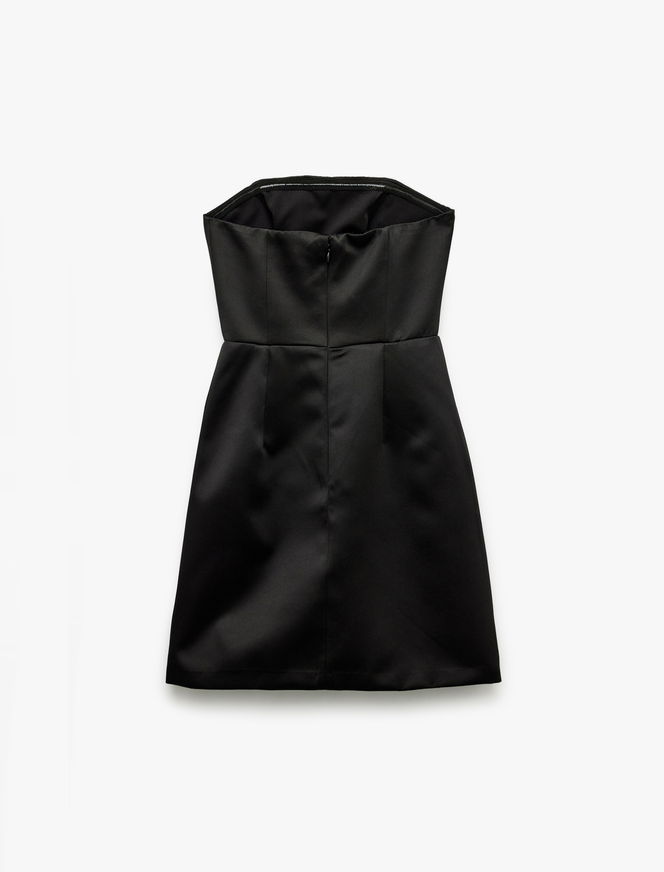   Straplez Yaka Cep Detaylı Saten Bodycon Kolsuz Dar Kesim Mini Abiye Elbise