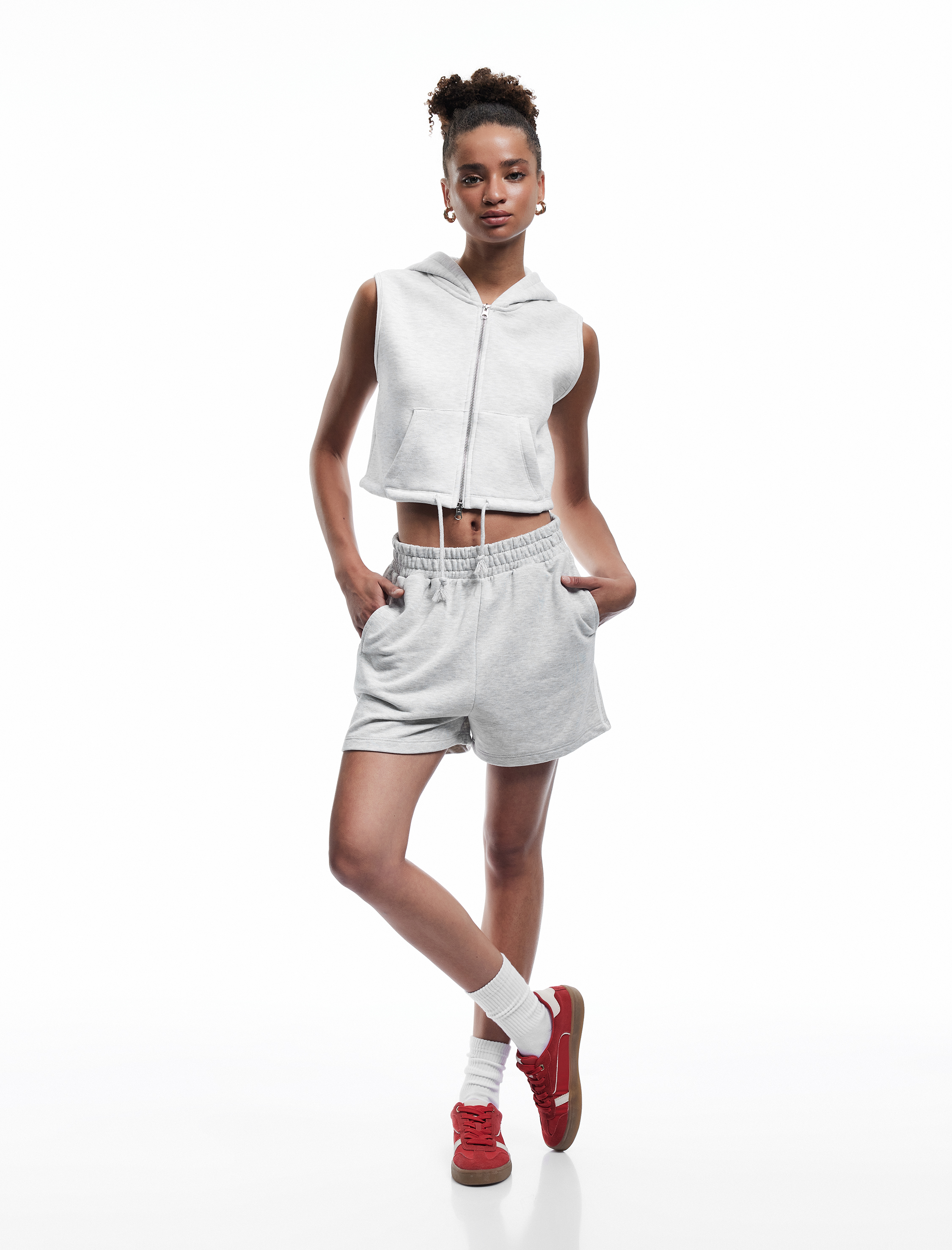   Kapüşonlu Kolsuz Kanguru Cepli Şardonlu Fermuarlı Sweatshirt