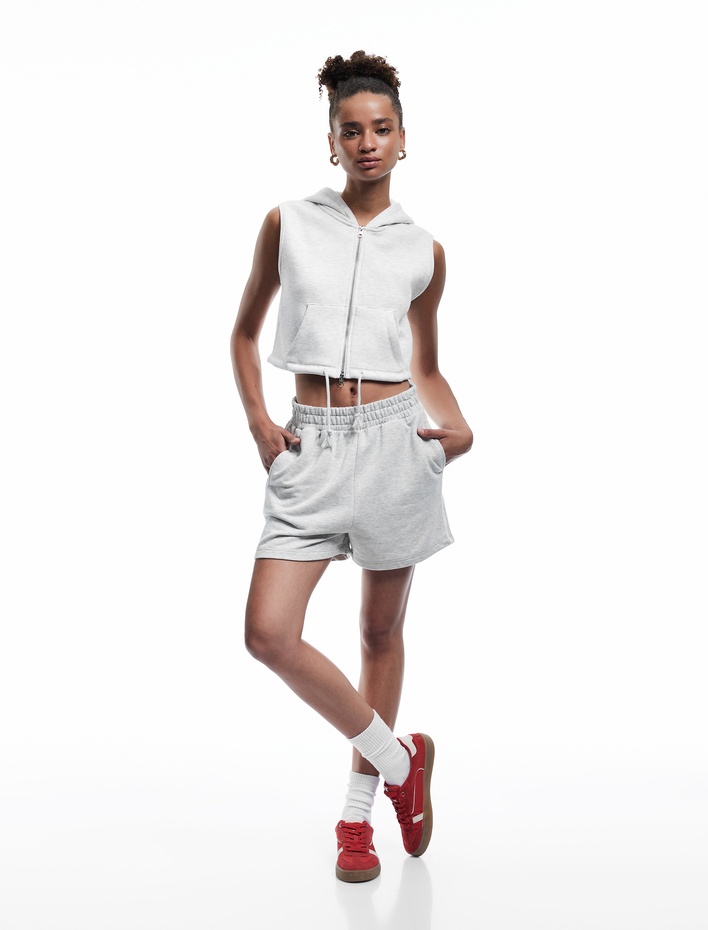  Kapüşonlu Kolsuz Kanguru Cepli Şardonlu Fermuarlı Sweatshirt