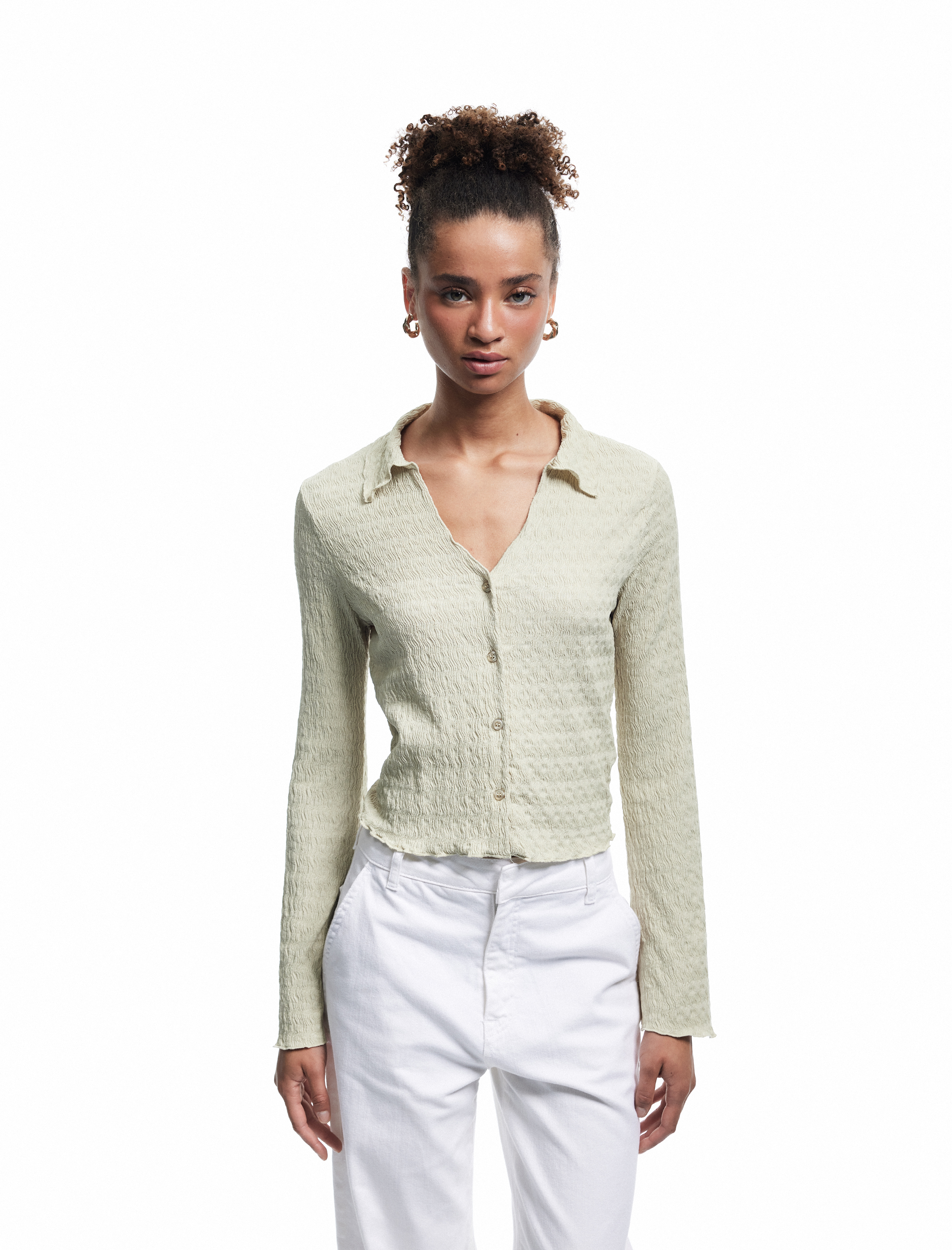   Bürümcük Kumaş Slim Fit Düğmeli Ekstra Uzun İspanyol Kollu Gömlek