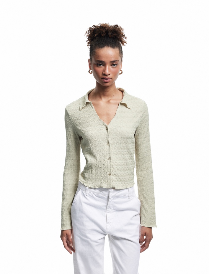  Bürümcük Kumaş Slim Fit Düğmeli Ekstra Uzun İspanyol Kollu Gömlek