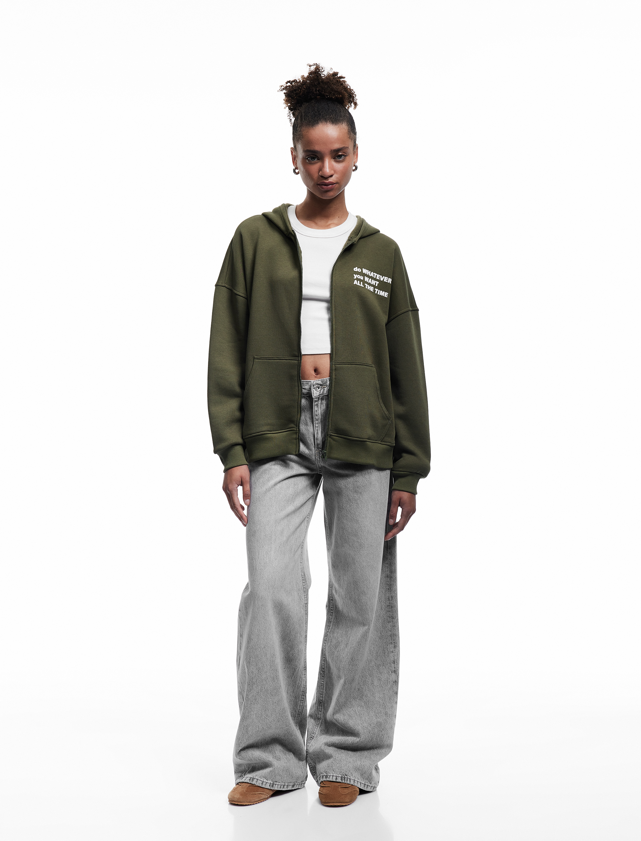   Şardonlu Kanguru Cepli Arkası Baskılı Fermuarlı Kapüşonlu Oversize Sweatshirt