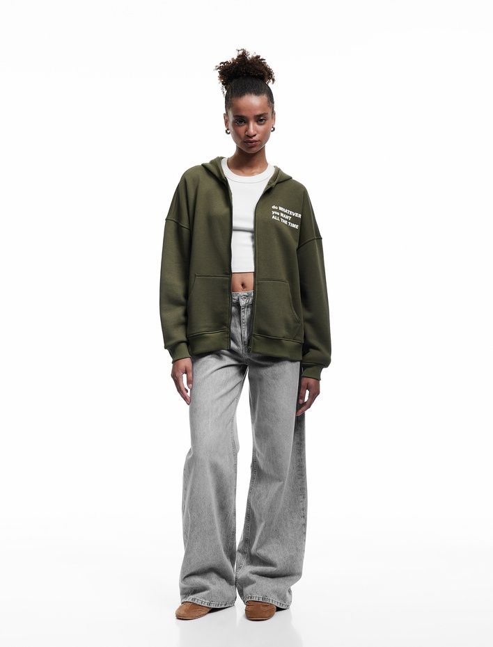  Şardonlu Kanguru Cepli Arkası Baskılı Fermuarlı Kapüşonlu Oversize Sweatshirt