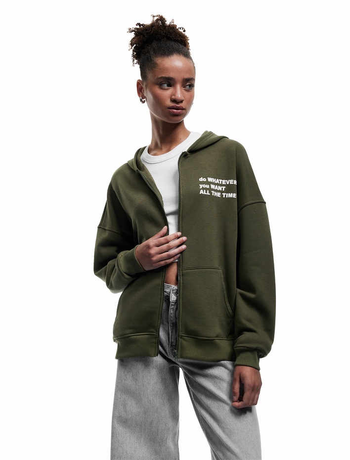 Şardonlu Kanguru Cepli Arkası Baskılı Fermuarlı Kapüşonlu Oversize Sweatshirt