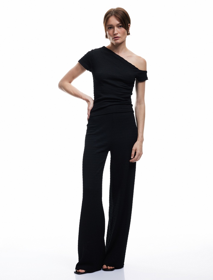  Bürümcük Kumaş Kısa Kollu Asimetrik Tek Omuz  Bluz