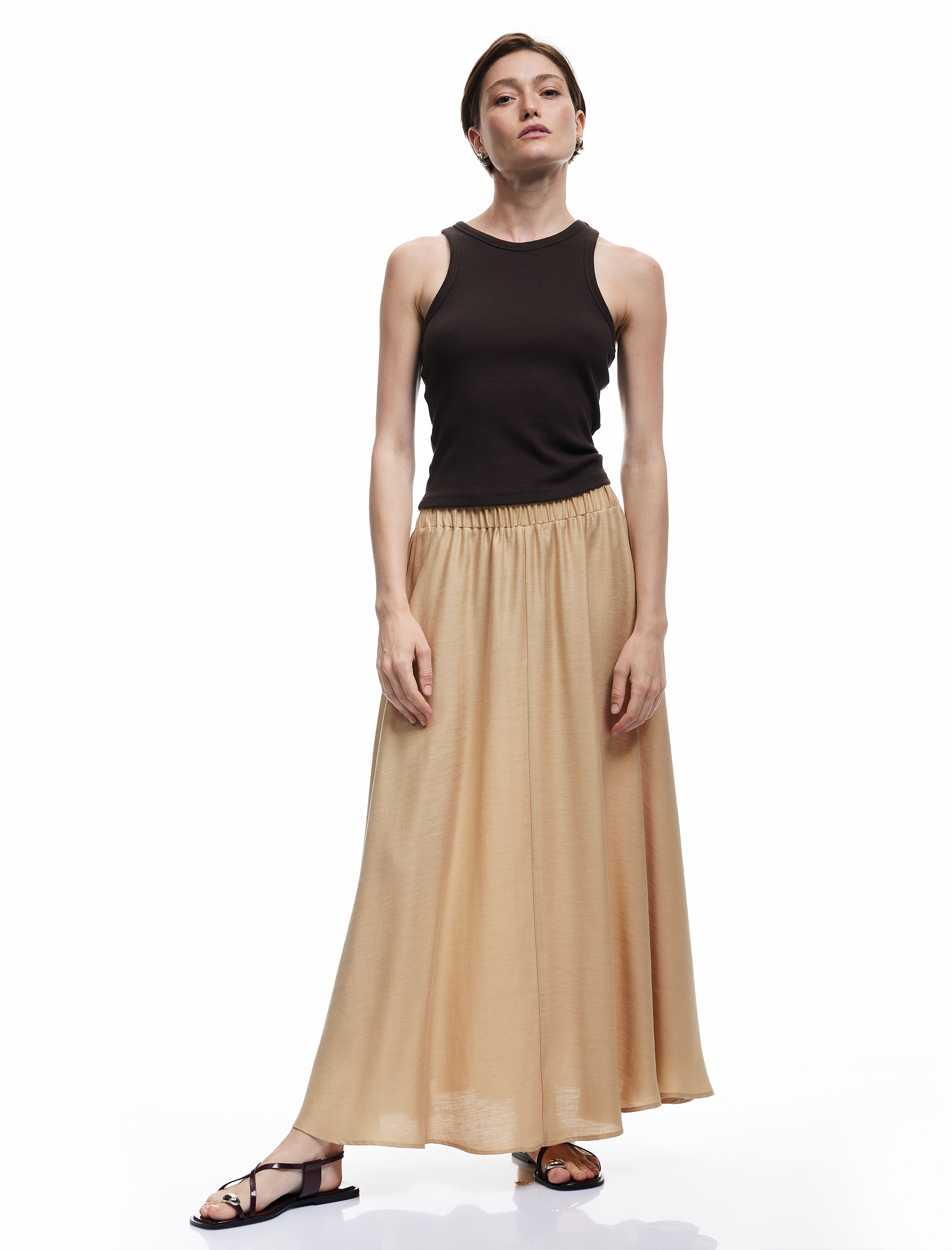   Standart Bel Bol Kesim Keten Karışımlı Midi Boy Kloş Etek