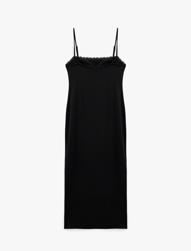 Slim Fit Dantel Detaylı Uzun İnce Askılı Penye Elbise_3