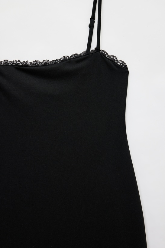 Slim Fit Dantel Detaylı Uzun İnce Askılı Penye Elbise_4