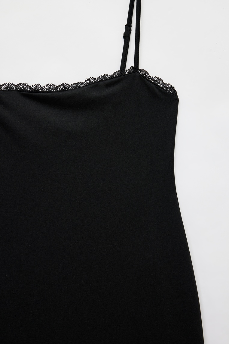   Slim Fit Dantel Detaylı Uzun İnce Askılı Penye Elbise