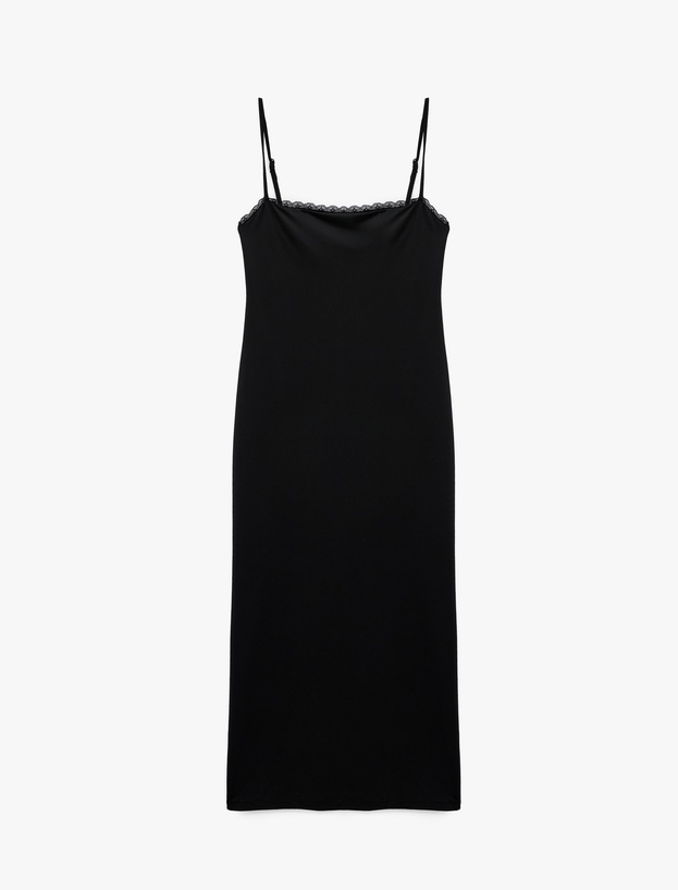 Slim Fit Dantel Detaylı Uzun İnce Askılı Penye Elbise_2