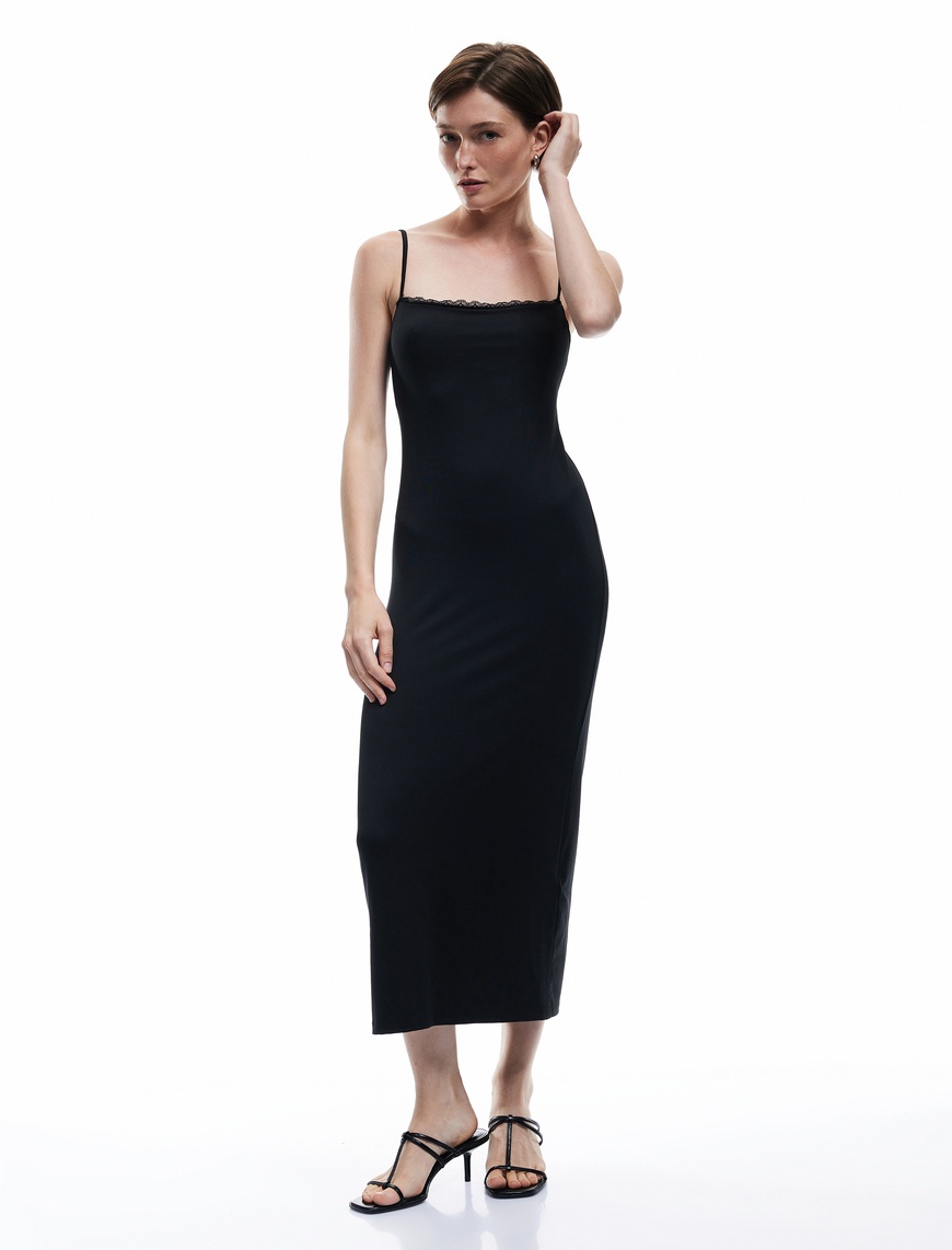   Slim Fit Dantel Detaylı Uzun İnce Askılı Penye Elbise